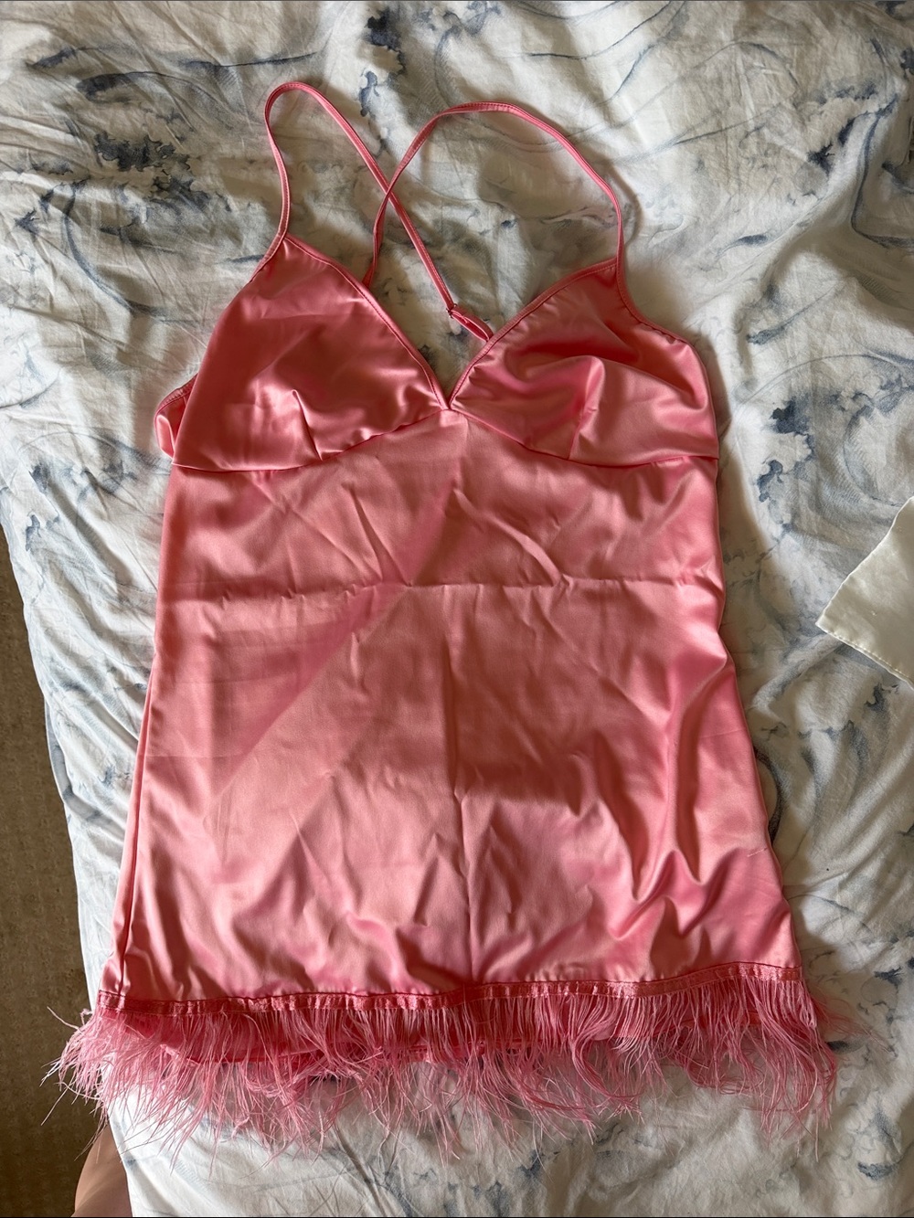 Roma Confidential Silky Pink Feather-Trim Slip Chemise Lingerie size L